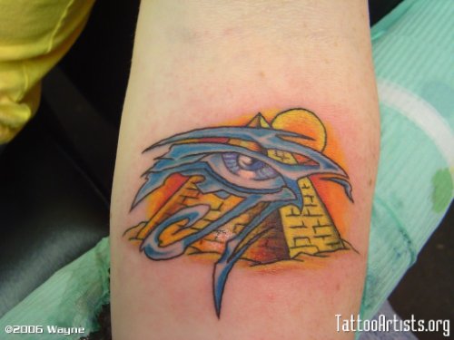 Color Pyramid And Horus Eye Tattoo On Arm